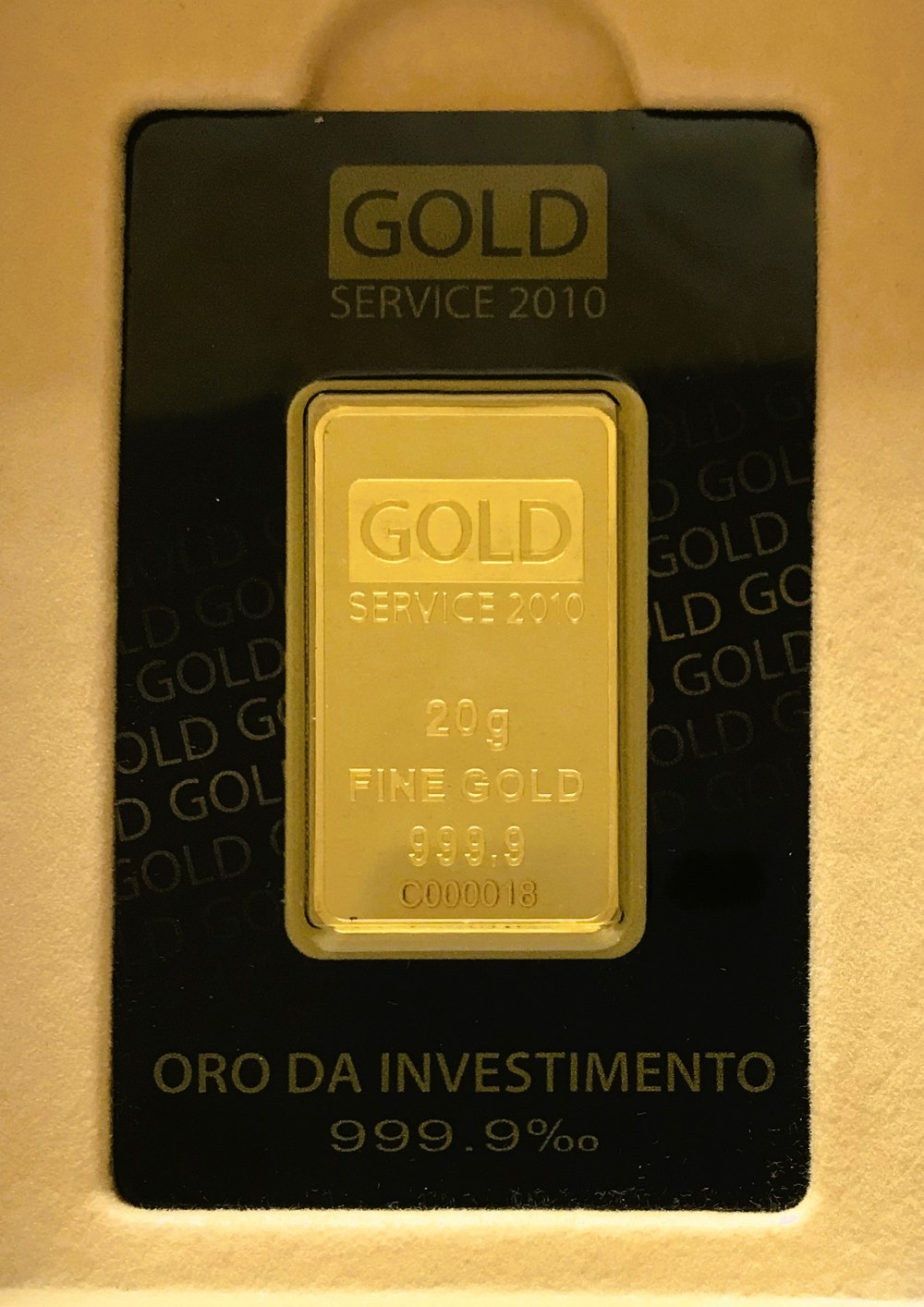 Lingottino da 20 g Gold Service 2010, fine gold 999,9, in blister nero con scritta «Oro da investimento 999.9‰